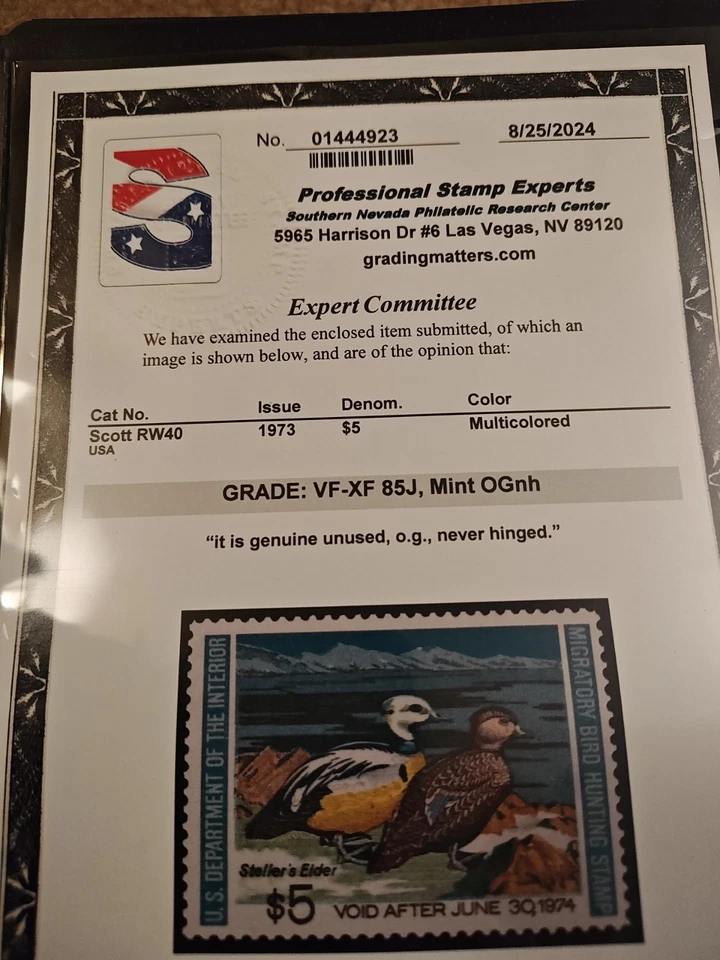 Certified - PSE #RW40 - Federal Duck Stamp.  MNH. OG. (VF/XF )   #02 RW40J - Image 3 of 4
