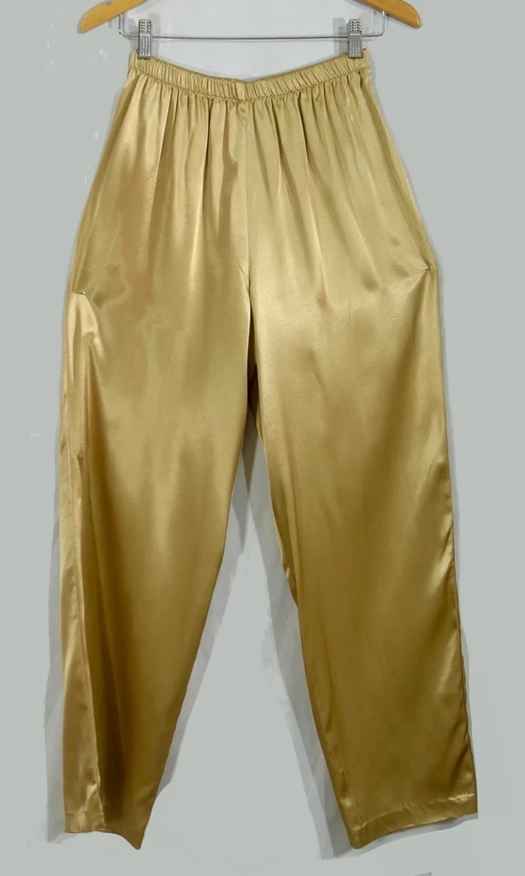 Vintage 80s Nwt Gold Satin Damask Chinese Collar Frog Button Duster Pant Set M - Image 3 of 4