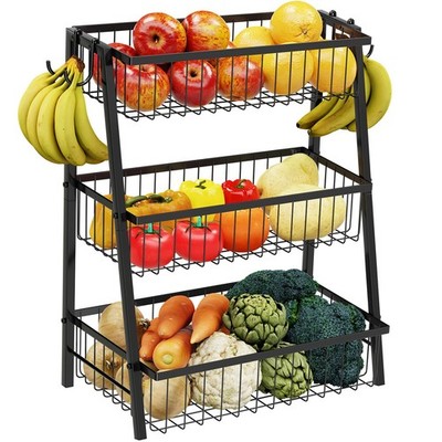 3-Tier Trapezoidal Fruit Basket with 4 Banana Hooks, Extra Large Metal Wire K...