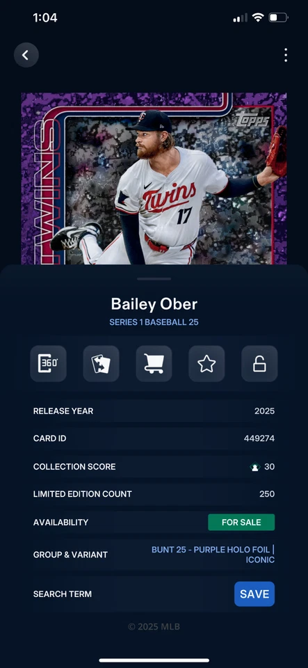 DIGITAL Topps Bunt Series 1 Baseball 25 Bailey Ober Purple Holo Foil 250cc - Image 2 of 2