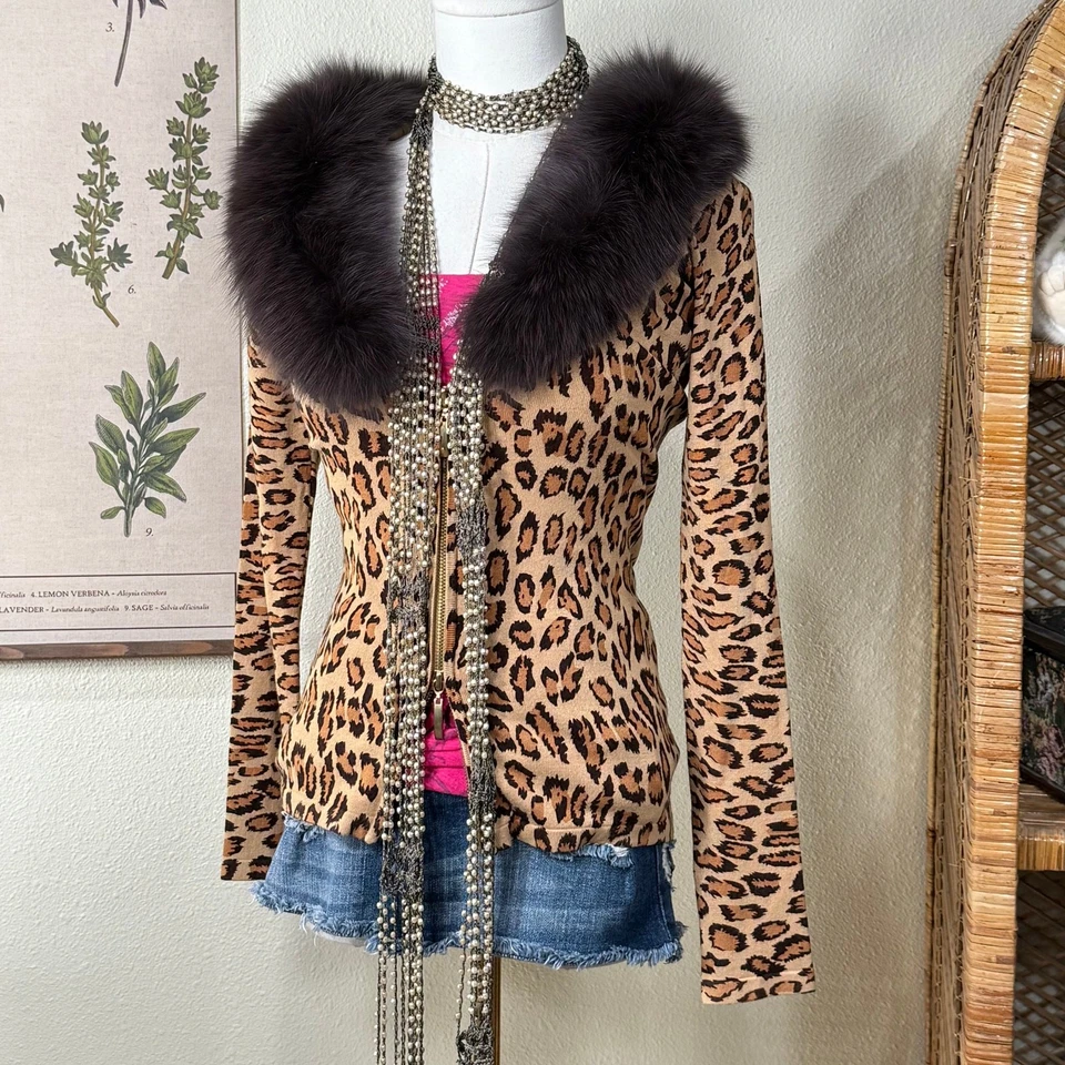 Vintage 90s Y2k Fur Trim Leopard Zip Cardigan Sweater McBling Mob Wife Sexy S - Image 2 of 4