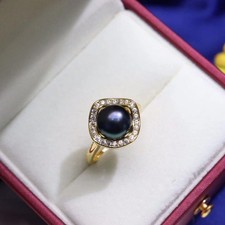 Fashion 8-9mm Black Freshwater Cultured Pearl 18KGP Open Adjustable Ring A03