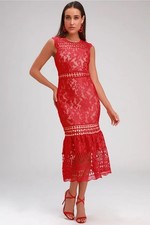 Lulus Charlee Red Crochet Lace Sleeveless Midi Chic Dress Holiday Elegant Small