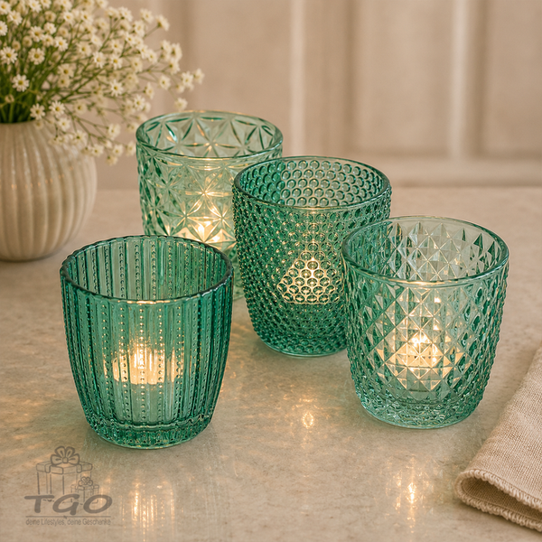 Windlicht Teelichthalter Marilu Petrol Glas HöHe 7,5Cm- 4 Er Set-1020524-image