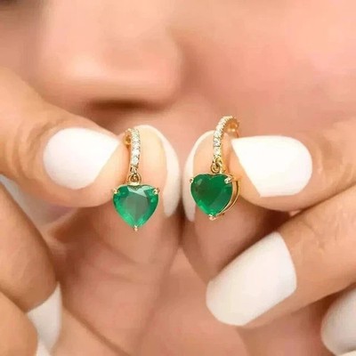 2 Ct Lab Created Heart Cut Green Emerald Dangle Earrings 14K Yellow Gold Plated