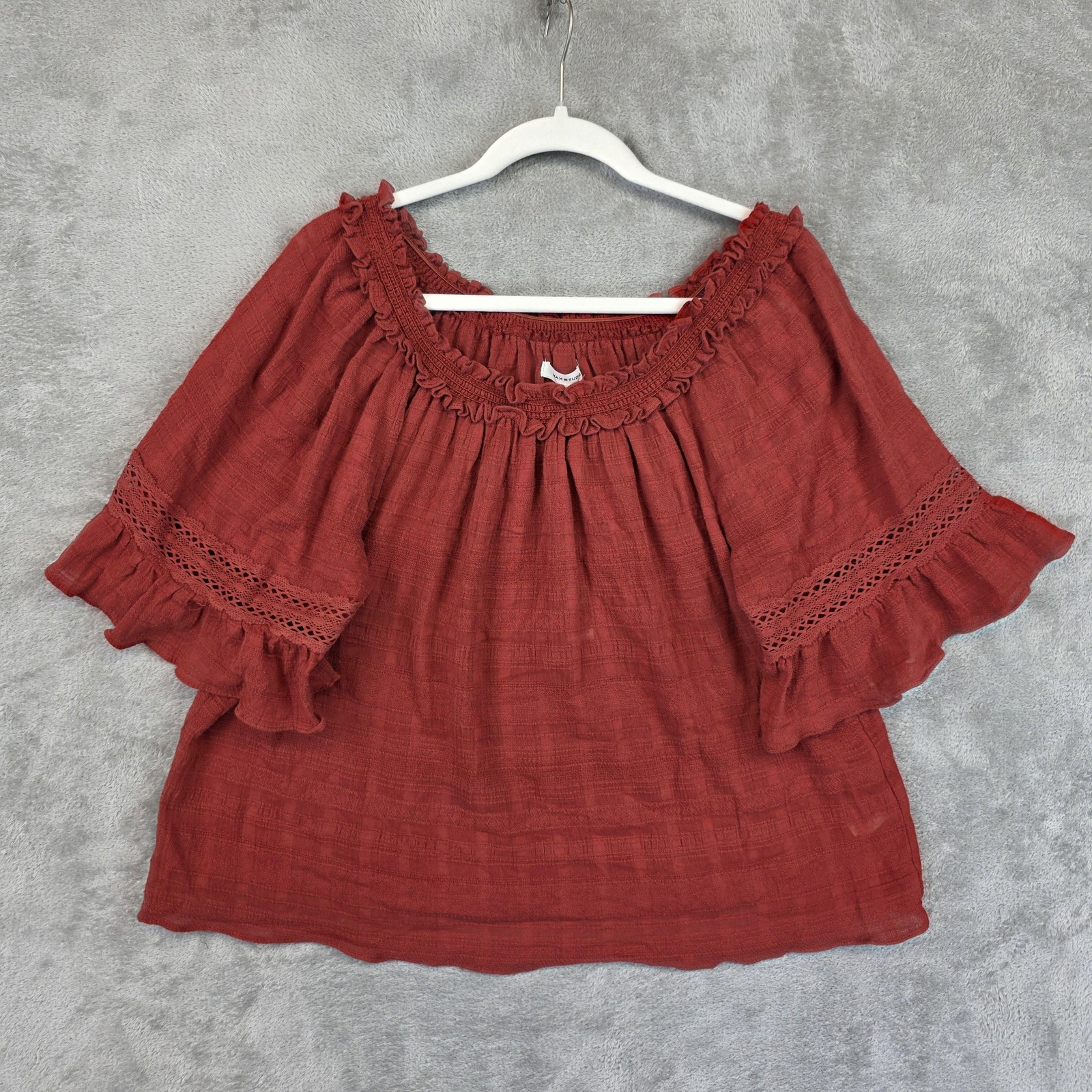 Max Studio Blouse Womens Size XL Red Off Shoulder Bell Sleeve Cotton Tunic