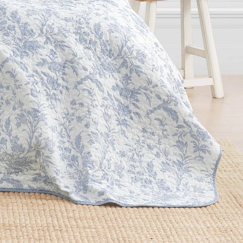 Laura Ashley Quilt Set 90" x 90" Full/Queen Soft Cotton Polyester Blue 3-Piece - Picture 7 of 11
