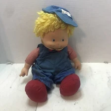 1980S RAG-MOP KIDS DOLL YELLOW YARN HAIR & BLUE EYED FRECKLED BOY IN BLUE ROMPER