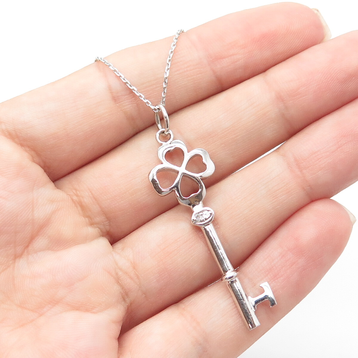 925 Sterling Silver Italy White C Z Key Clover Chain Necklace 16