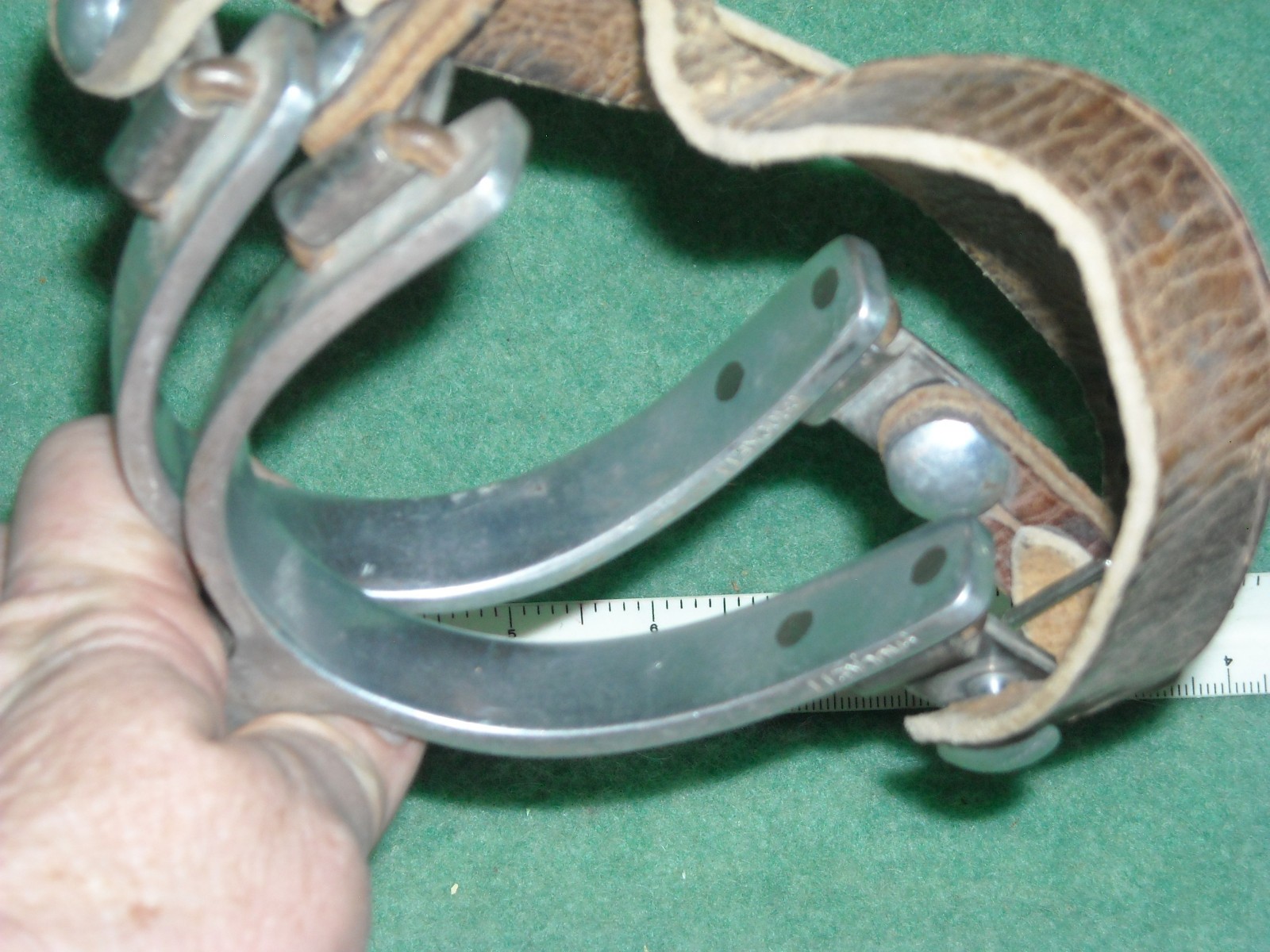 vintage aluminum Crockett spurs heel band button swing arm engraved