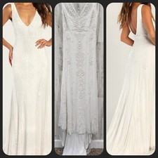LULUS Passionate Romance White Beaded Sequin Mermaid Maxi Dress Size SMALL**NWOT