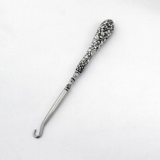 Repousse Floral Button Hook Sterling Silver Steel 1890