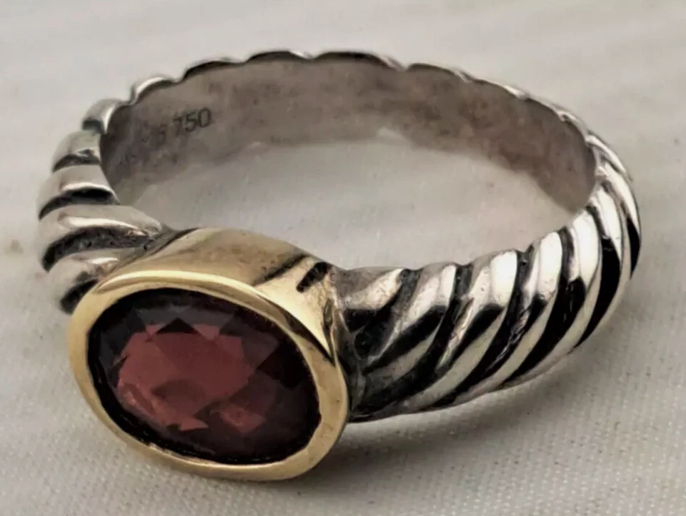 Anillo Cable David Yurman Dos Tonos Oro 184kt y Plata 925 Granate Talla 7.25. S-34