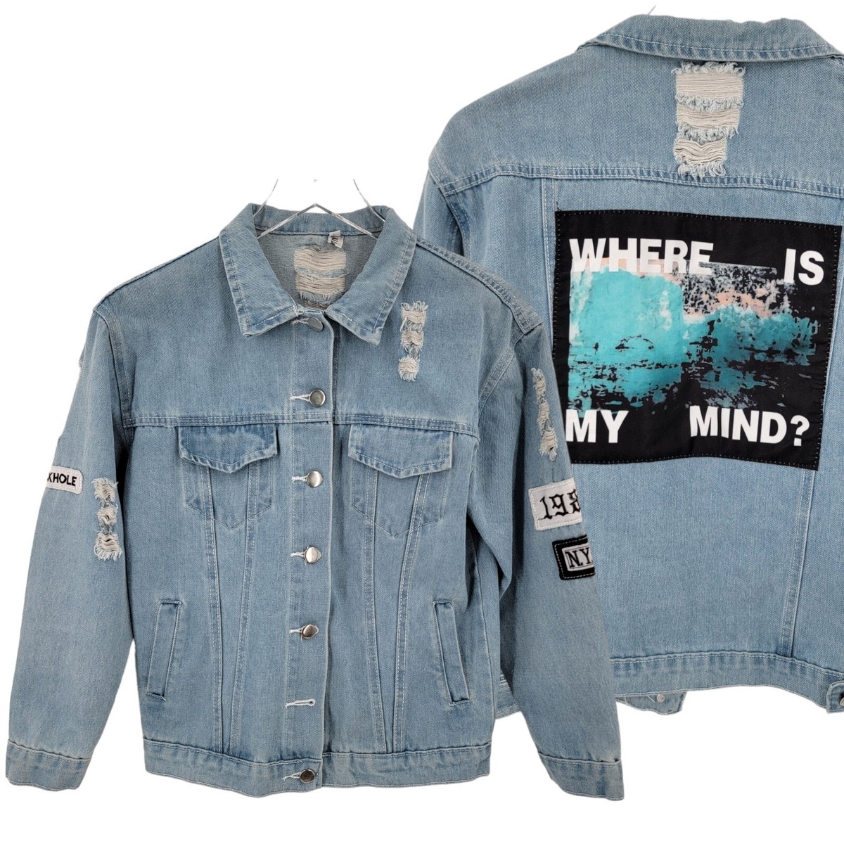 Aile Er Jacket Women's Medium Where Is My Mind Distressed Denim Embroidered  Flaw