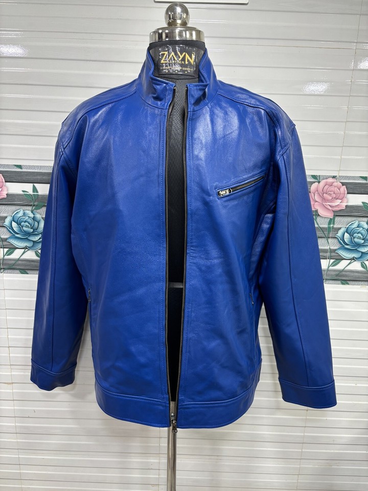Men's Blue Lambskin Genuine Leather Biker Jacket Motorcycle Rider ...