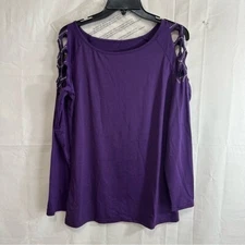 Women's Sexy Off Shoulder Hollow Out Long Sleeve W/Rhinestones T-Shirt Purple M