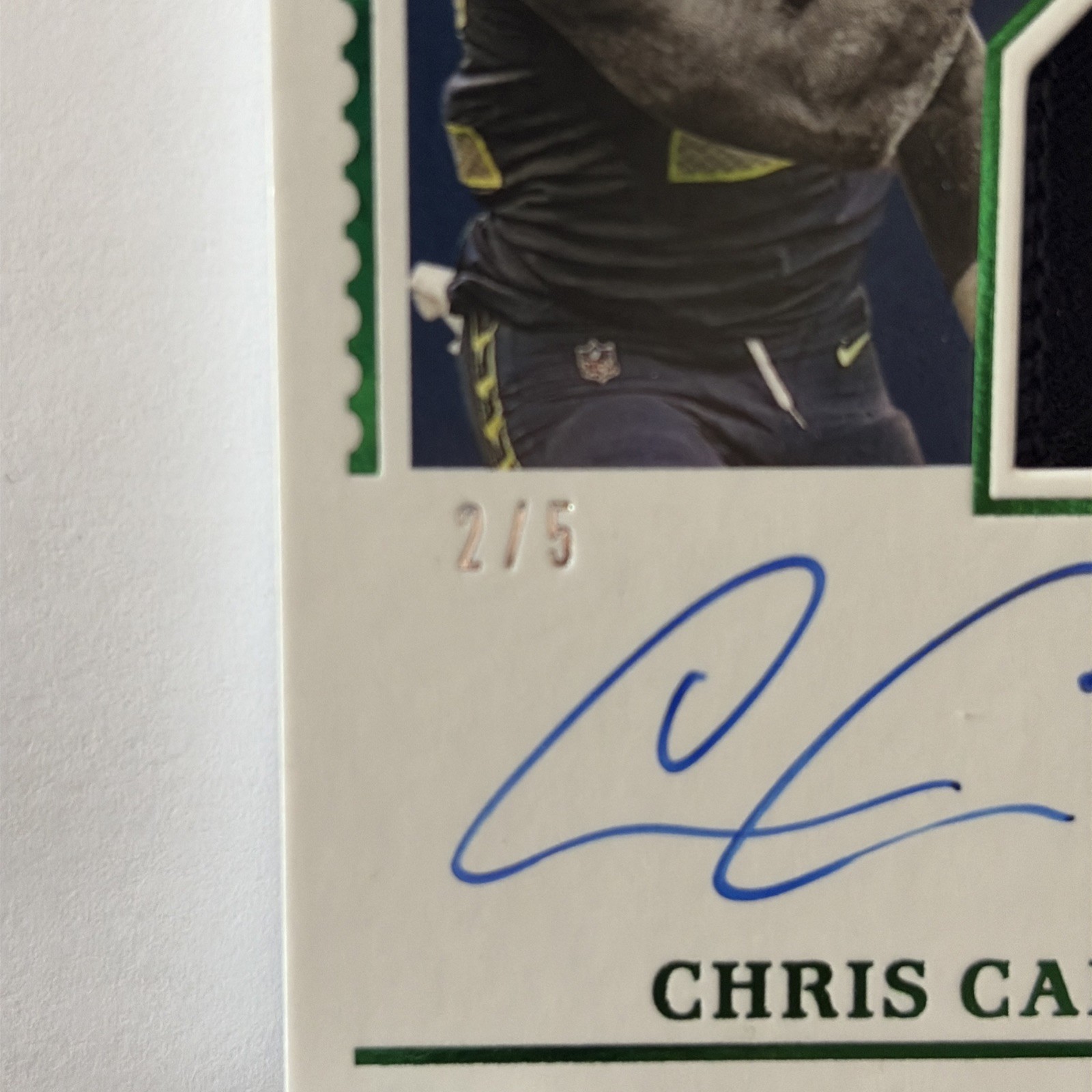 2020 Panini Encased Vaulted Veteran Chris Carson Green /5 Patch Auto #VVS-CC view 2