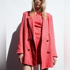 Zara Pink Double Breasted Textured Tweed Blazer Medium