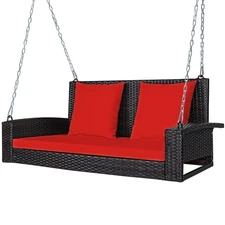 Patiojoy Patio 2-Person Rattan Hanging Porch Swing Bench Chair Cushion Red