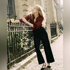 Dôen Glenne Wool-Blend Wide-Leg Pant, Black, ‘60s Inspired, Ultra-High Waist, 4