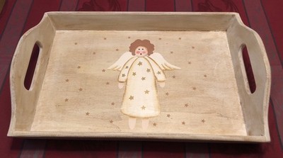 Holz Tablett Serviertablett mit Griffen Rechteckig Engel Motiv Weihnachten Neu
