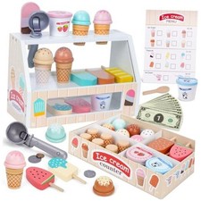 Wooden Ice Cream Counter Playset for Kids, Toddler Girl Toys Kitchen Playset