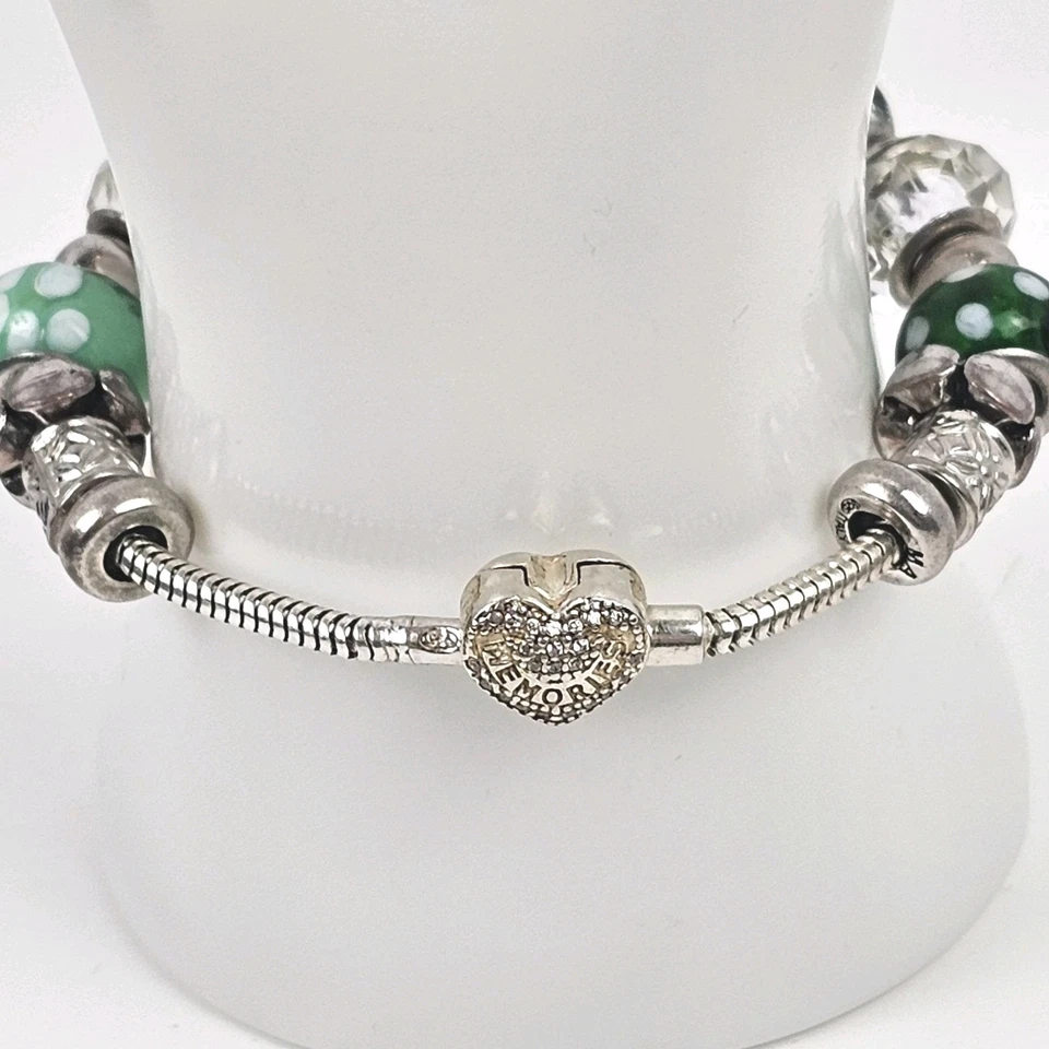 Sterling Silver Murano Glass Charm Bracelet 6” Green White Beads Turtle & Heart - Image 3 of 4