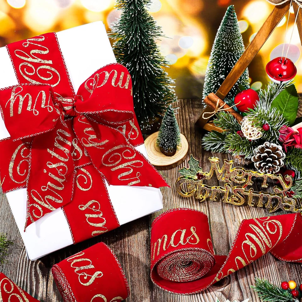 2 rollos de cinta de terciopelo Feliz Navidad borde con cable 2,5 pulgadas 20 yardas rojo dorado brillo Foto 3 de 4