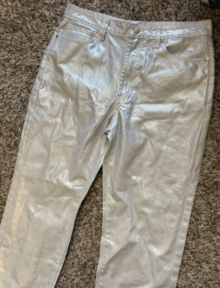 Pantalones de mezclilla Rebecca Minkoff Foil para mujer talla 12 nuevos metálicos plateados 100 % algodón Foto 3 de 4