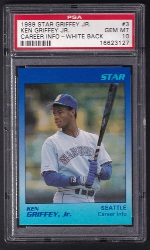 KEN GRIFFEY JR. 1989 Star Griffey Jr. #3 Rookie Career Info White Back PSA 10
