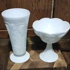 Vintage White Milk Glass Grape Pattern Decorative Vase Pedestal Bowl Set Glossy