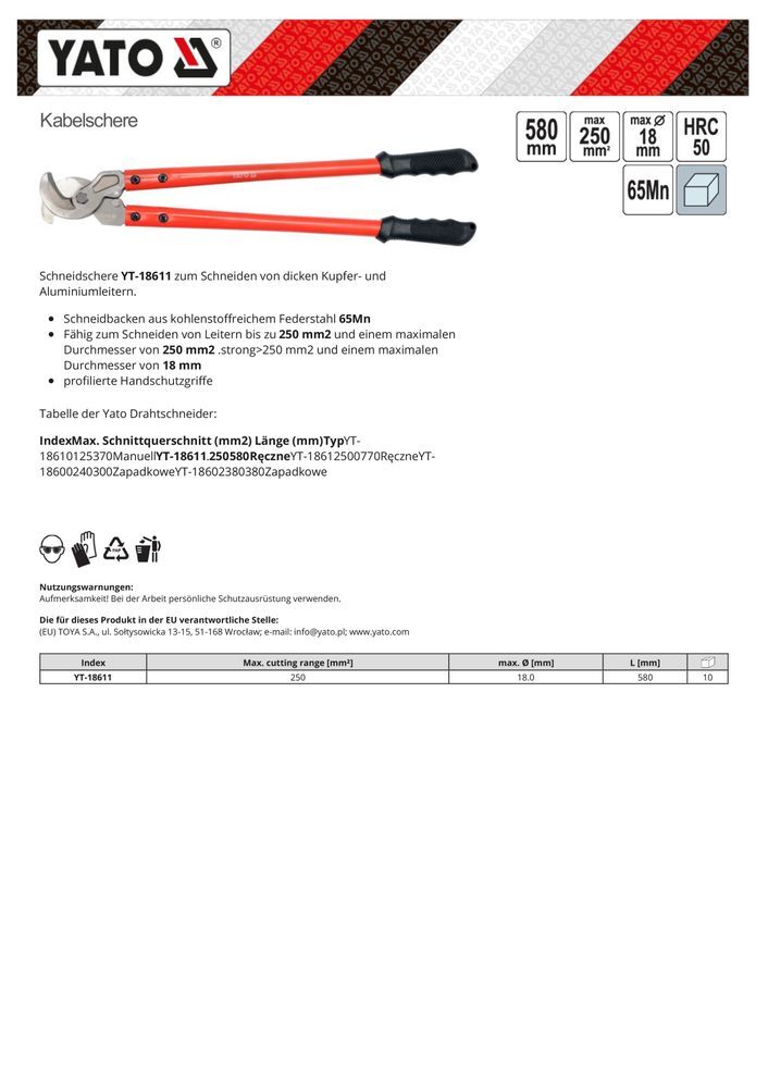 Yato Heavy Duty Cable Cutter – Cuts Up To 250 Mm², 580mm Long With Soft Grip Handles