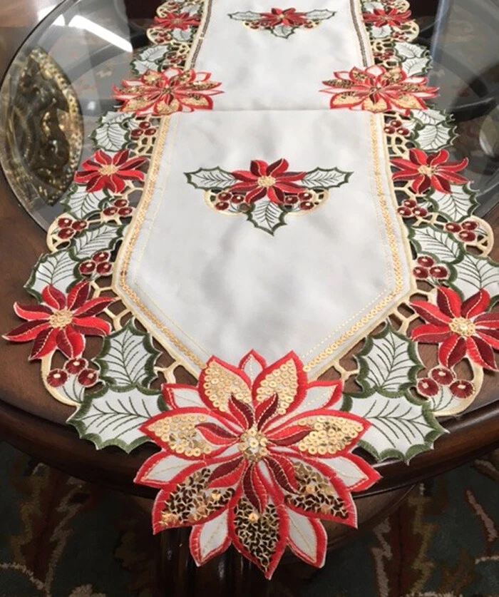 Holiday Christmas Table Runner Poinsettia Table Runner Gold Sequin Shimmer 69" - Image 3 of 4