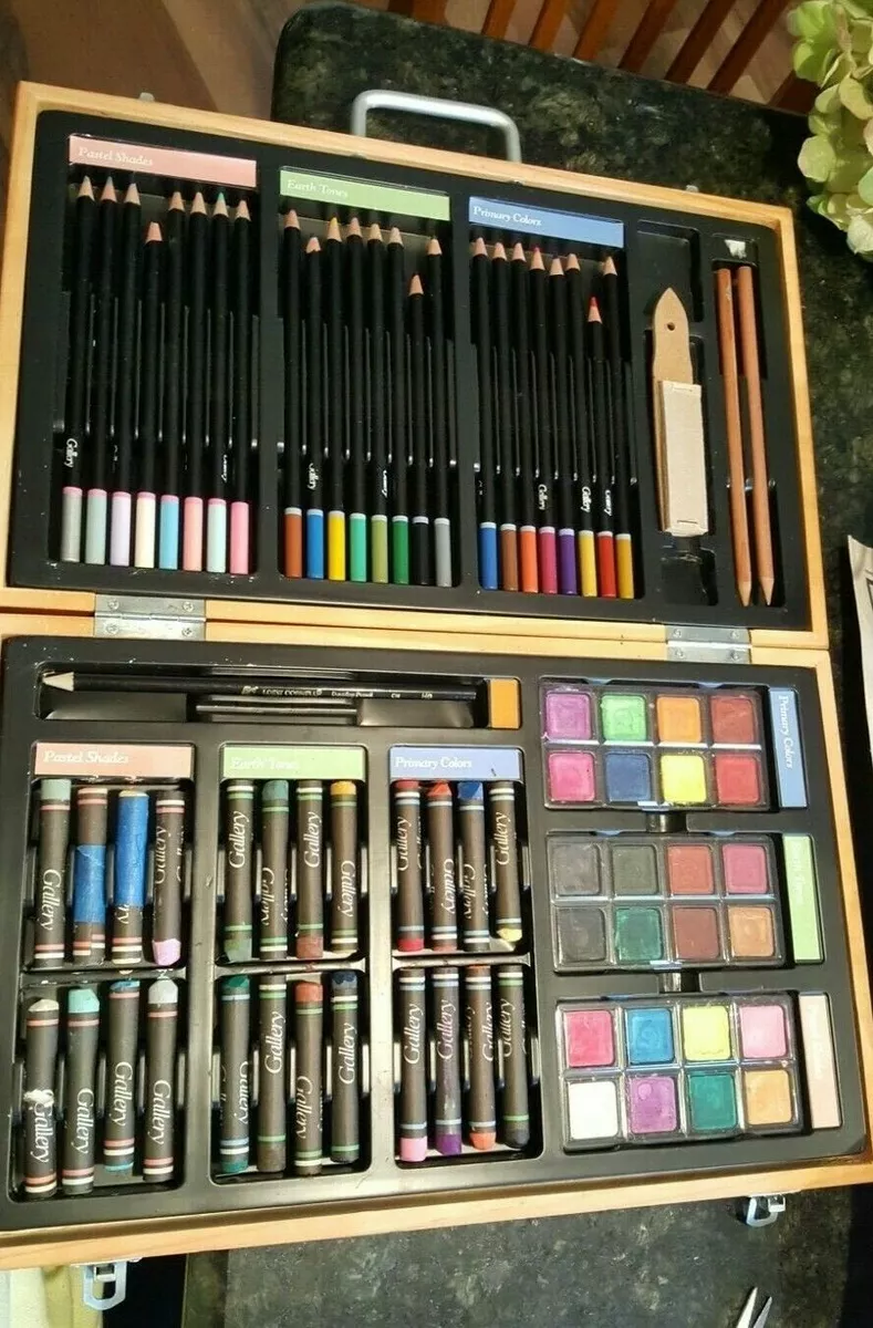 GALLERY Art Supplies in Portable Wooden Case w/ chalk, paint, colored pencils