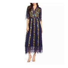 Foxiedox Womens Josephine Floral Lace & Clip Dot Tea Navy Midi Dress