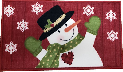 Printed Nylon Kitchen Rug(18''x30'')CHRISTMAS,SNOWMAN &SNOWFLAKES ON BURGUNDY,Ritz