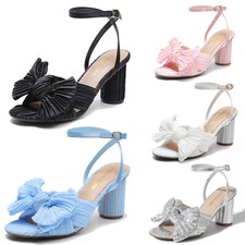 Women Bow Knot Slingback Sandals Ankle Strap Open Toe Low Chunky Heel Sandals