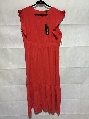 For Cynthia Rowley Maxi Dress XL Tiered Coral Linen Blend Ruffle