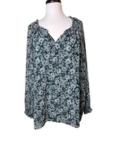 Cabi Tunic Top Size XL Green Chiffon Peasant Notched Bell Sleeves Fairy Flowy