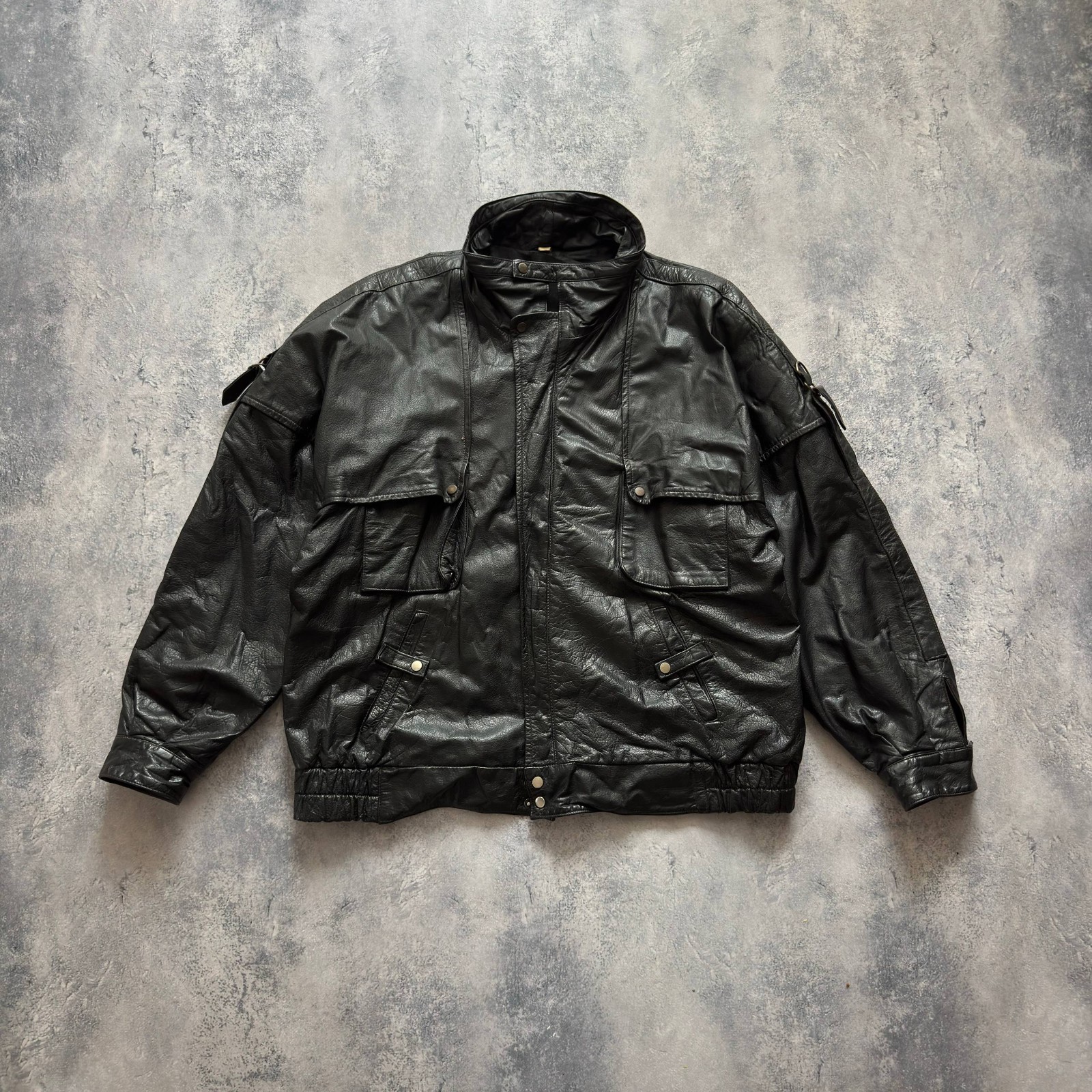 Men’s Vintage Black Leather Jacket Size 52 Oversized Biker Utility Coat Full Zip