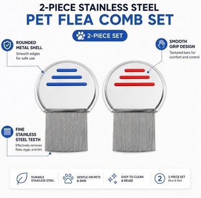 2-Pack Fine Tooth Flea Comb for Cats Dogs Pet Grooming Hair Debris Remover