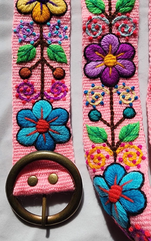 Bellissimo Cintura Di Fiori Ricamato Perù Taglia L / Rosa Chiaro - Immagine 2 di 3