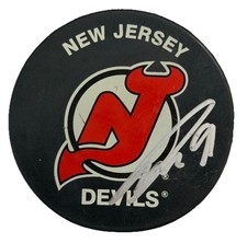 Jonas Siegenthaler Signed Autographed New Jersey Devils Reverse Logo Puck