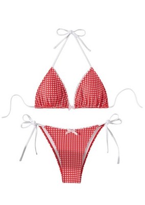 Red and White Gingham Print Triangle String Bikini, Size 6-10 womens
