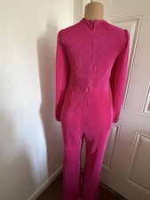 Pink Solid Long Sleeve Cut-Out Jumpsuit Deep V Neck Straight Leg Zip