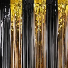 2PCS Black, Gold Foil Fringe Curtains, 3.3ft x 9.8ft, Laser, Photo Backdrop