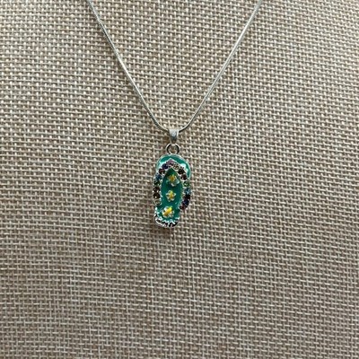 Vintage Silver Flip Flop Pendant Necklace Teal Enamel Multi-Color Crystal Heart