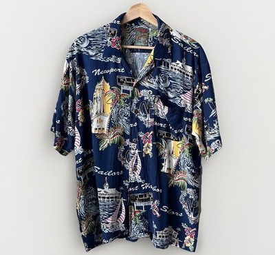 Vintage 90s Newport Harbor Sailors CIF Champions Rayon Hawaiian Shirt L.