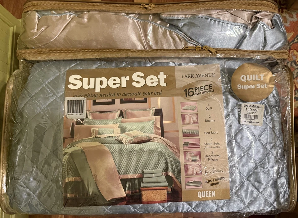 New w/tags 16 Piece Queen Quilt Bed Set Silk/Satin w/2 Sheet Sets Pink & Blue - Image 2 of 4