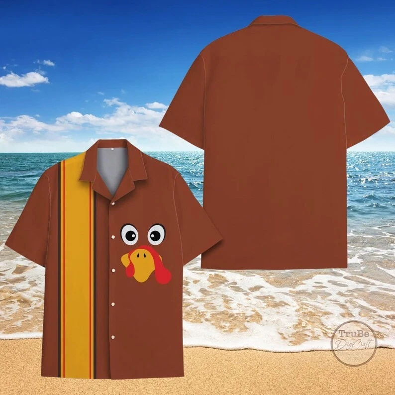Camisa havaiana de Ação de Graças rosto de peru engraçado estampa listra amarela marrom - Imagem 2 de 4